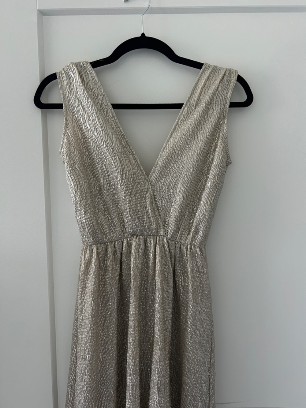 Lulu's Metallic Champagne Plunging V-Neck Evening Dress